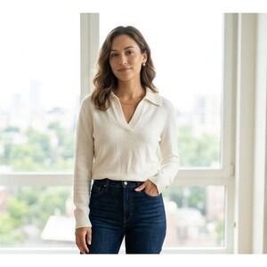 Theory Women's Ivory White V-Neck Polo Collared Sweater Knit Pullover Size L